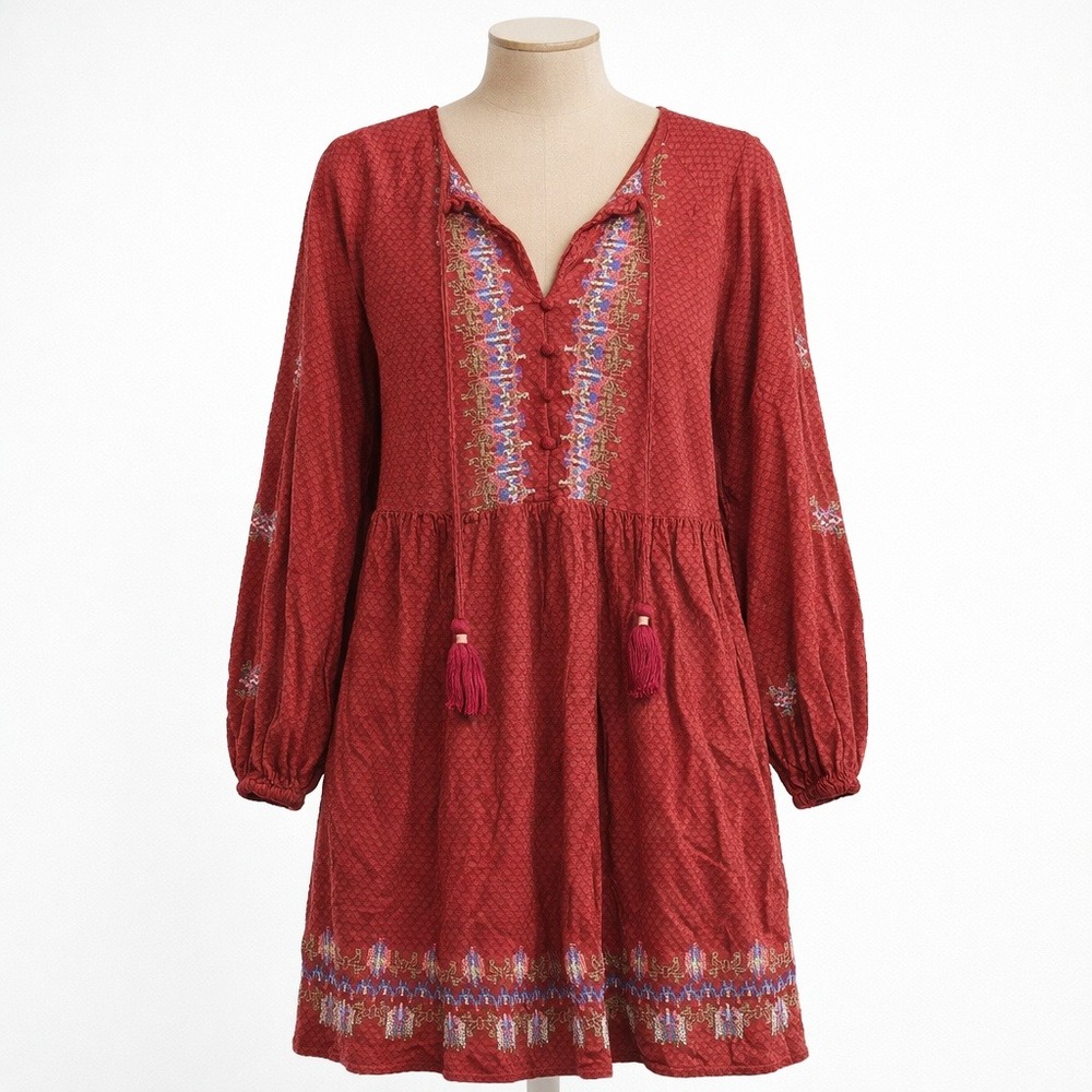 Boho Cottagecore Embroidered Peasant Mini Dress Sz M Red Prairie Festival Tassel